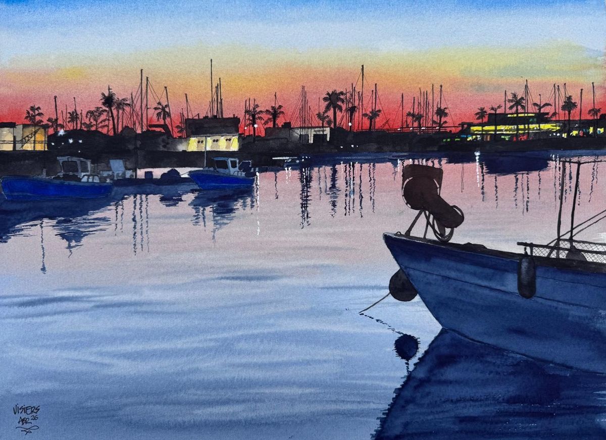 Sunset at Santa Pola harbour, watercolour by Nacho Visiers