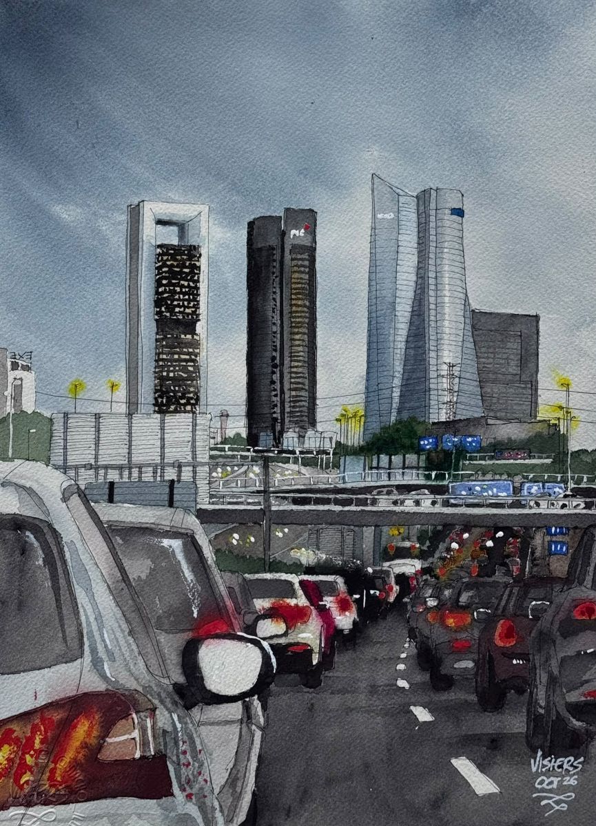Traffic jam on the N-I, watercolour by Nacho Visiers