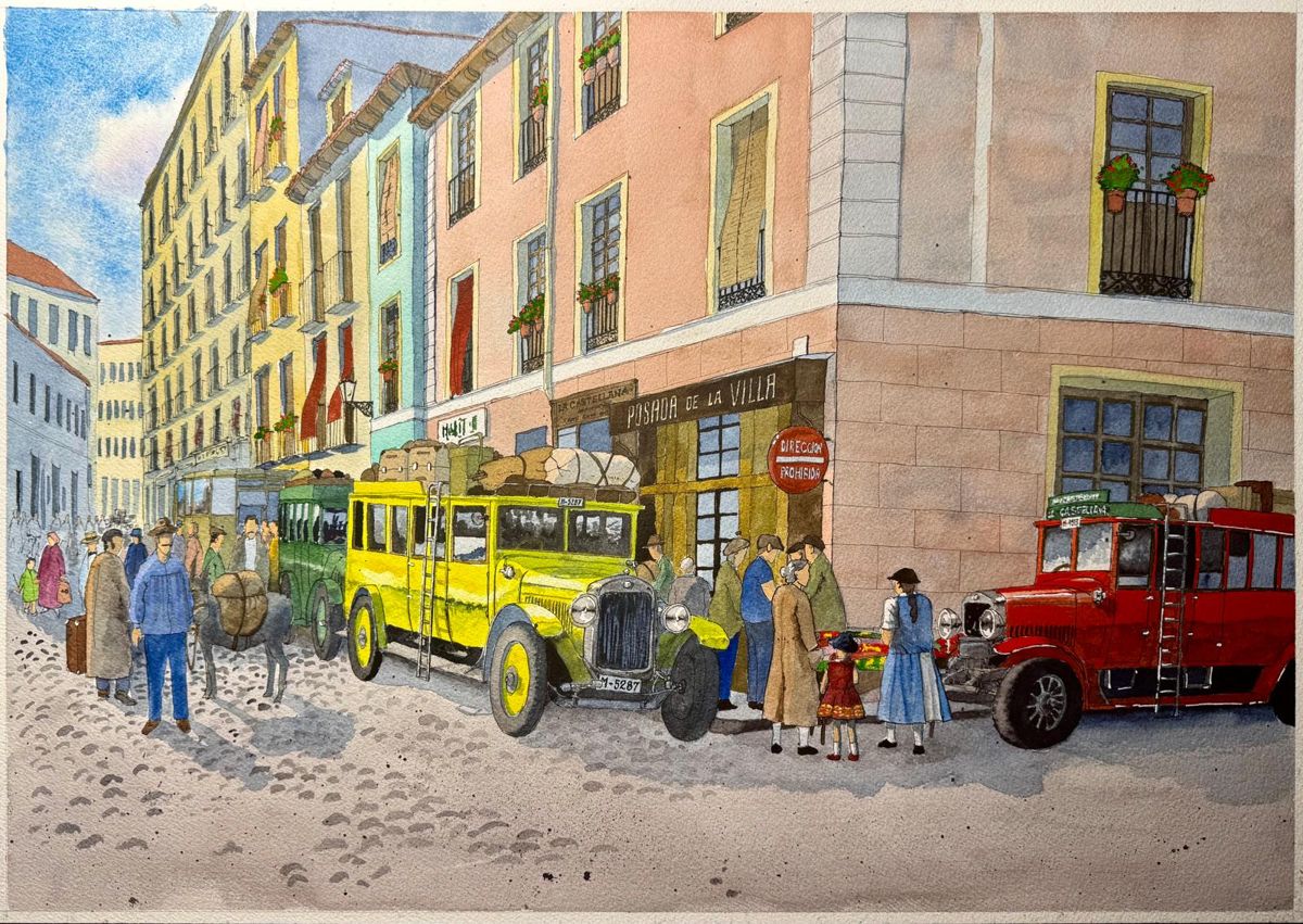 Bus stop, early 20th century, watercolour by Nacho Visiers