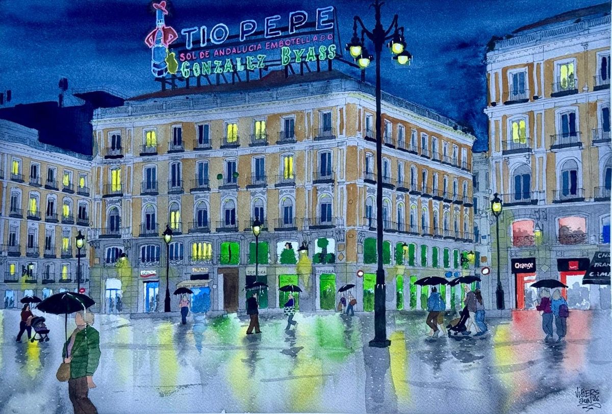 Puerta del Sol de noche con el anuncio de Tío Pepe, acuarela de Nacho Visiers