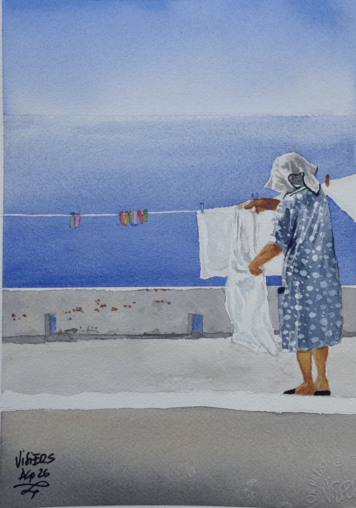 Woman hanging laundry, watercolour by Nacho Visiers