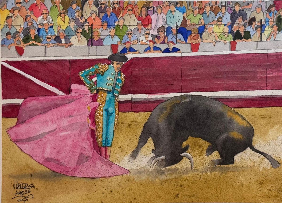 Bullfighter, verónica pass, watercolour by Nacho Visiers