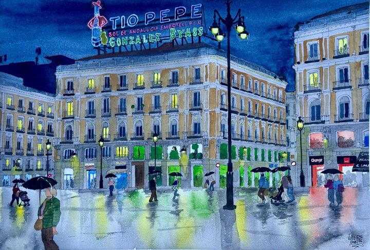 Puerta del Sol, edificio Tío Pepe, watercolour by Nacho Visiers
