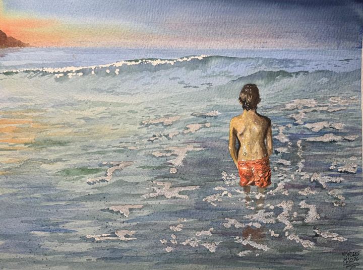 Niño en la playa, watercolour by Nacho Visiers