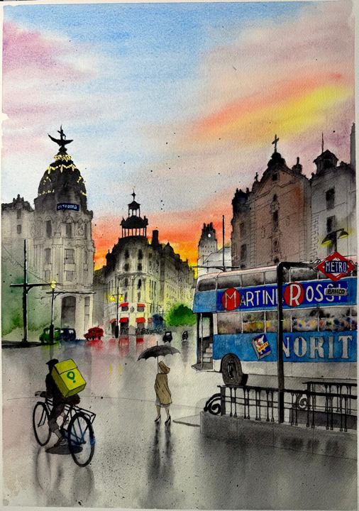 Gran Vía, ciclista Glovo, watercolour by Nacho Visiers