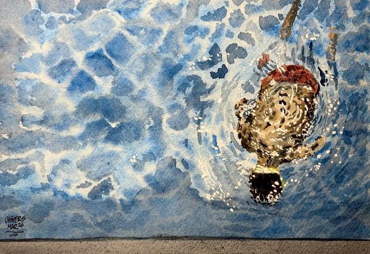 Niño  buceando en la piscina, watercolour by Nacho Visiers