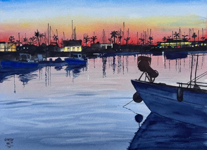 Atardecer en el puerto de Santa Pola, watercolour by Nacho Visiers