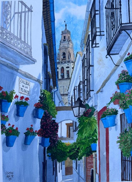 Calleja de las Flores, Córdoba, watercolour by Nacho Visiers